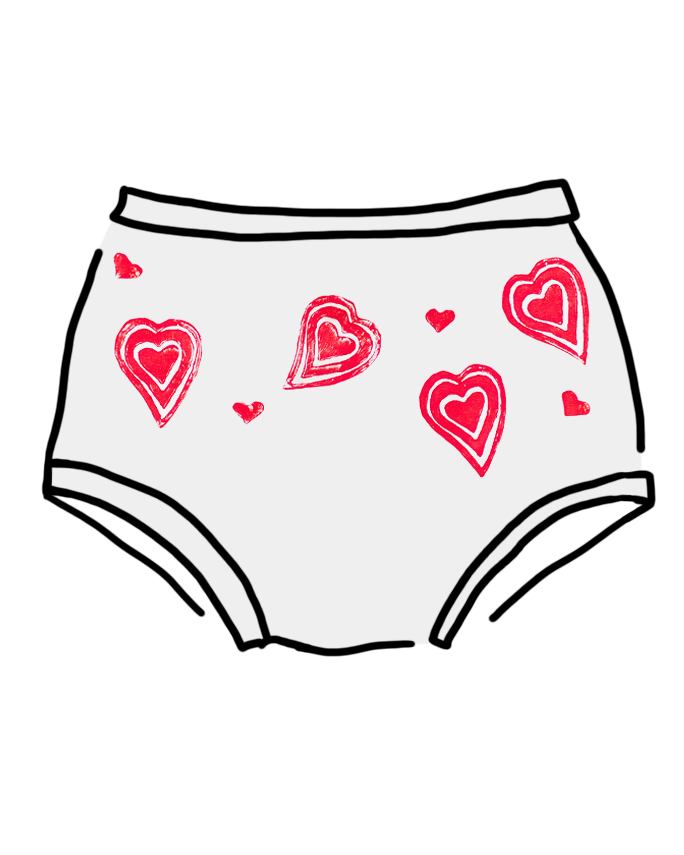 Drawing of Thunderpants Original style underwear with hand printed red hearts on Vanilla.
