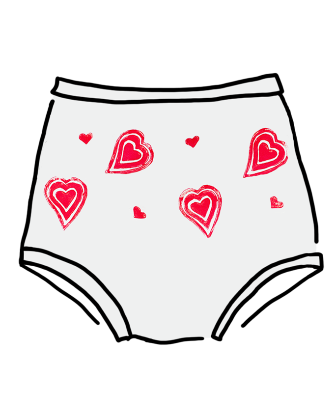 Drawing of Thunderpants Sky Rise style underwear with hand printed red hearts on Vanilla.
