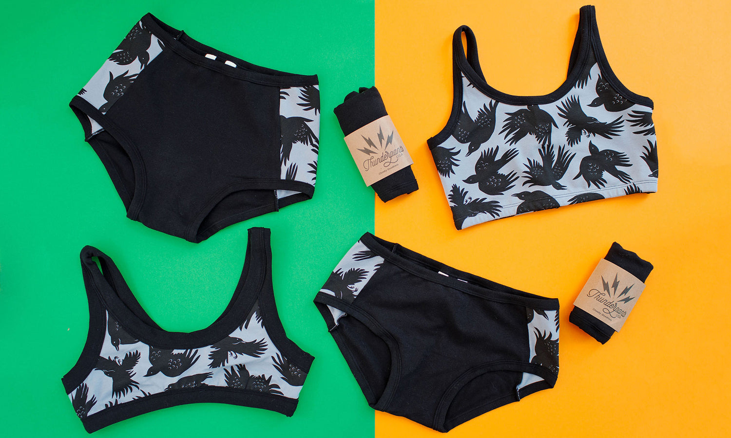 Flat lays of Thunderpants Original and Hipster Panel Pants style underwear with Bras in So it Crows print.