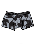 Drawing of Thunderpants Boxer Brief style underwear in So it Crows print - black crows on grey.