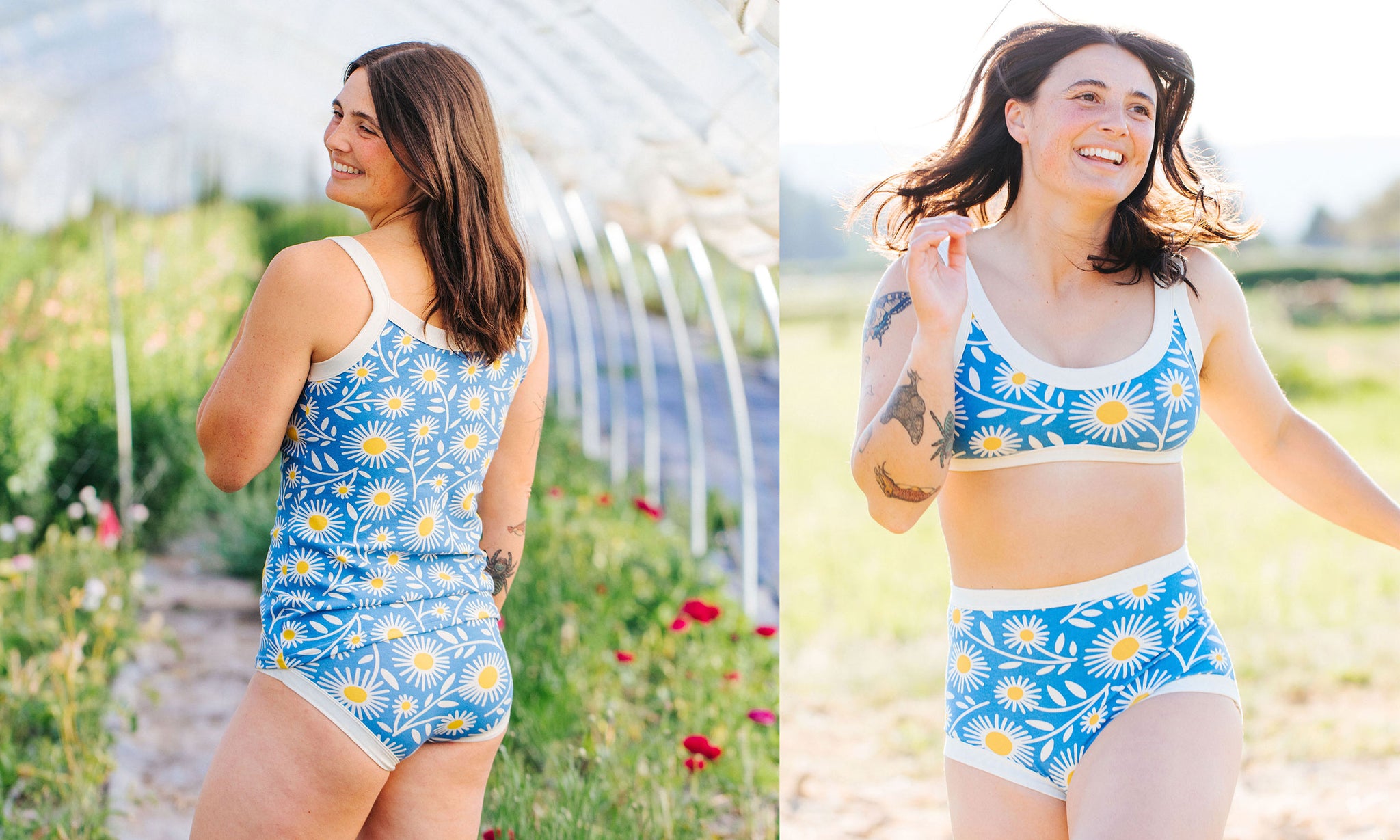 Model smiling in a field wearing various styles of our Daisy Days print: blue print with white and yellow daisies.