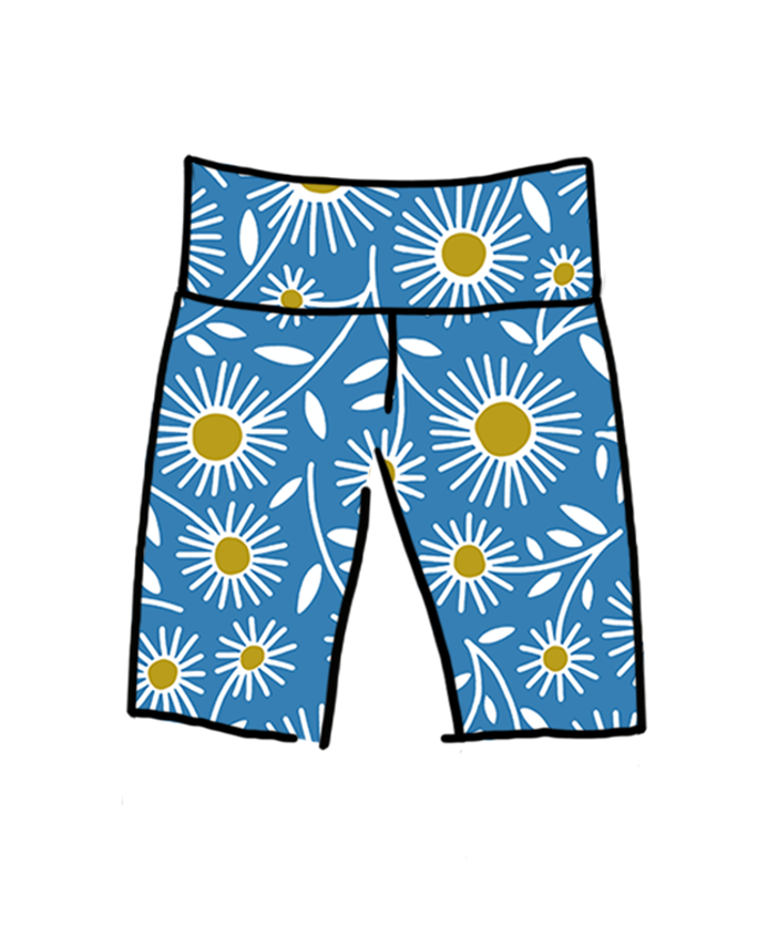 Drawing of Thunderpants Bike Shorts in Daisy Days print: blue with white and yellow daisies.