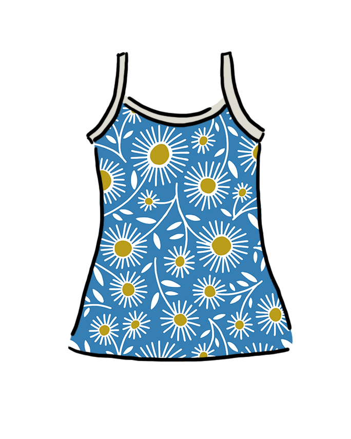 Drawing of Thunderpants Camisole in Daisy Days print: blue with white and yellow daisies.