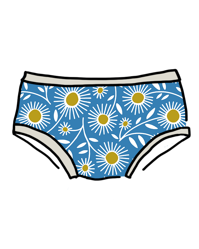 Drawing of Thunderpants Hipster style underwear in Daisy Days print: blue with white and yellow daisies.
