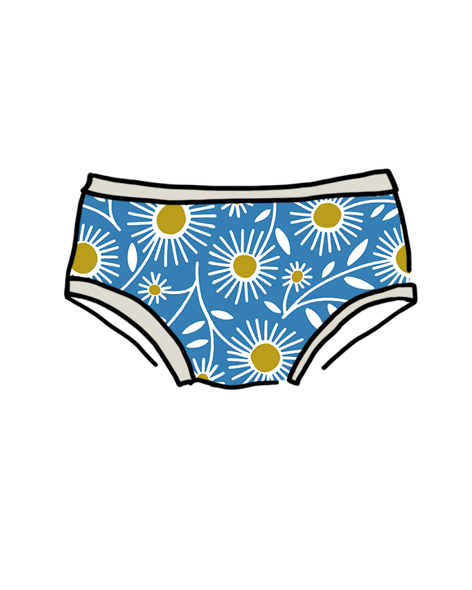 Drawing of Thunderpants Kids style underwear in Daisy Days print: blue with white and yellow daisies.