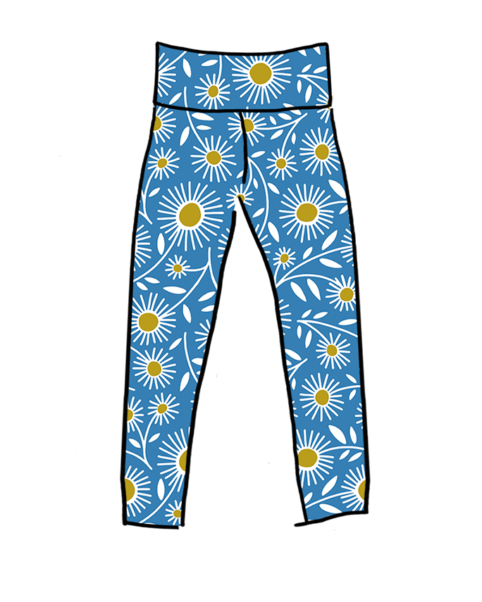Drawing of Thunderpants Ankle Length Leggings in Daisy Days print: blue with white and yellow daisies.
