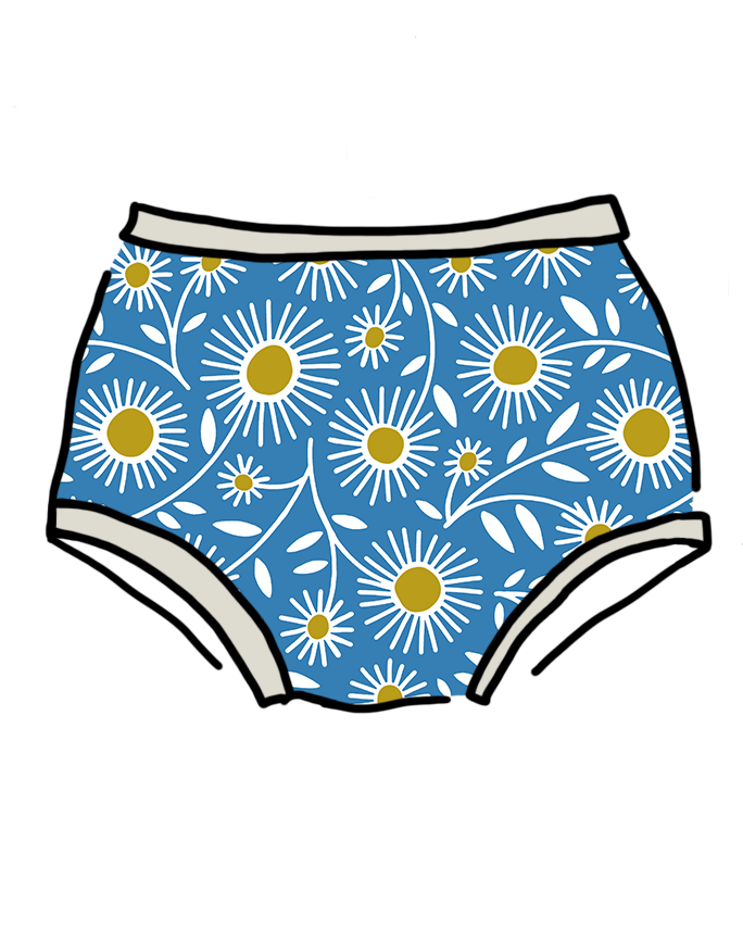 Drawing of Thunderpants Original style underwear in Daisy Days print: blue with white and yellow daisies.