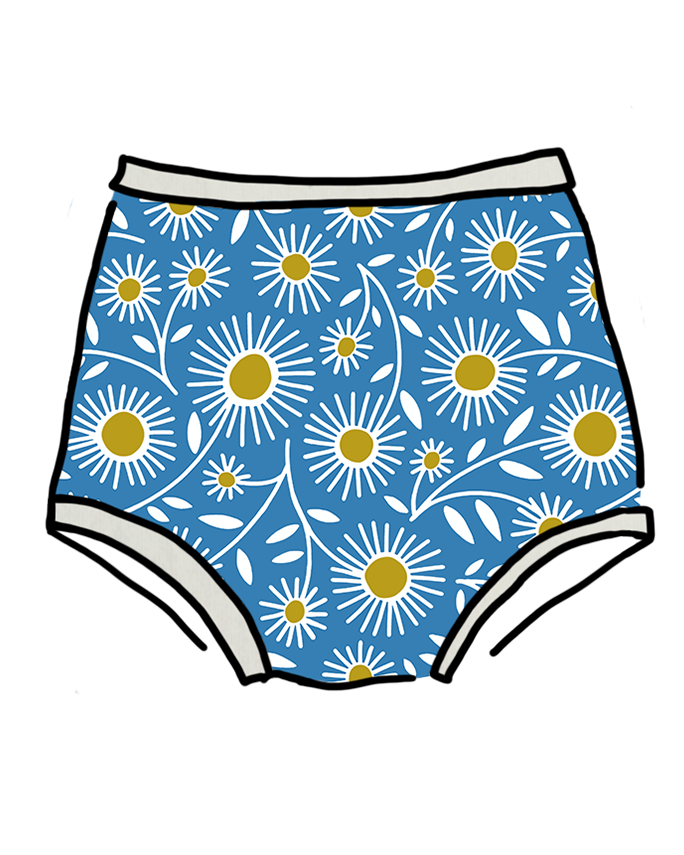 Drawing of Thunderpants Sky Rise style underwear in Daisy Days print: blue with white and yellow daisies.