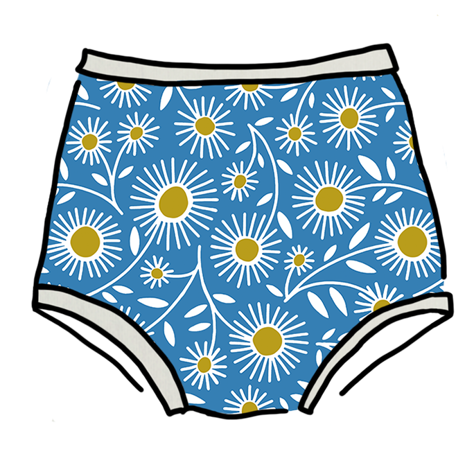 Drawing of Thunderpants Sky Rise style underwear in Daisy Days print: blue with white and yellow daisies.