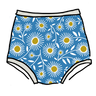 Drawing of Thunderpants Sky Rise style underwear in Daisy Days print: blue with white and yellow daisies.