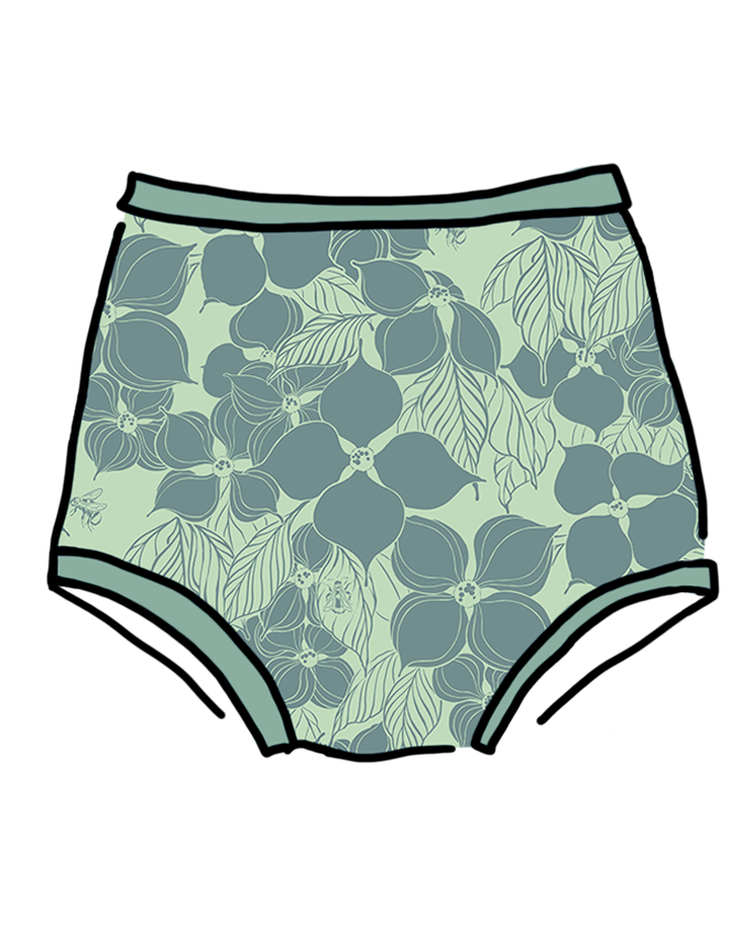 Drawing of Thunderpants Swimwear Sky Rise Bottom in Dogwood print by Lonesome Pictopia.