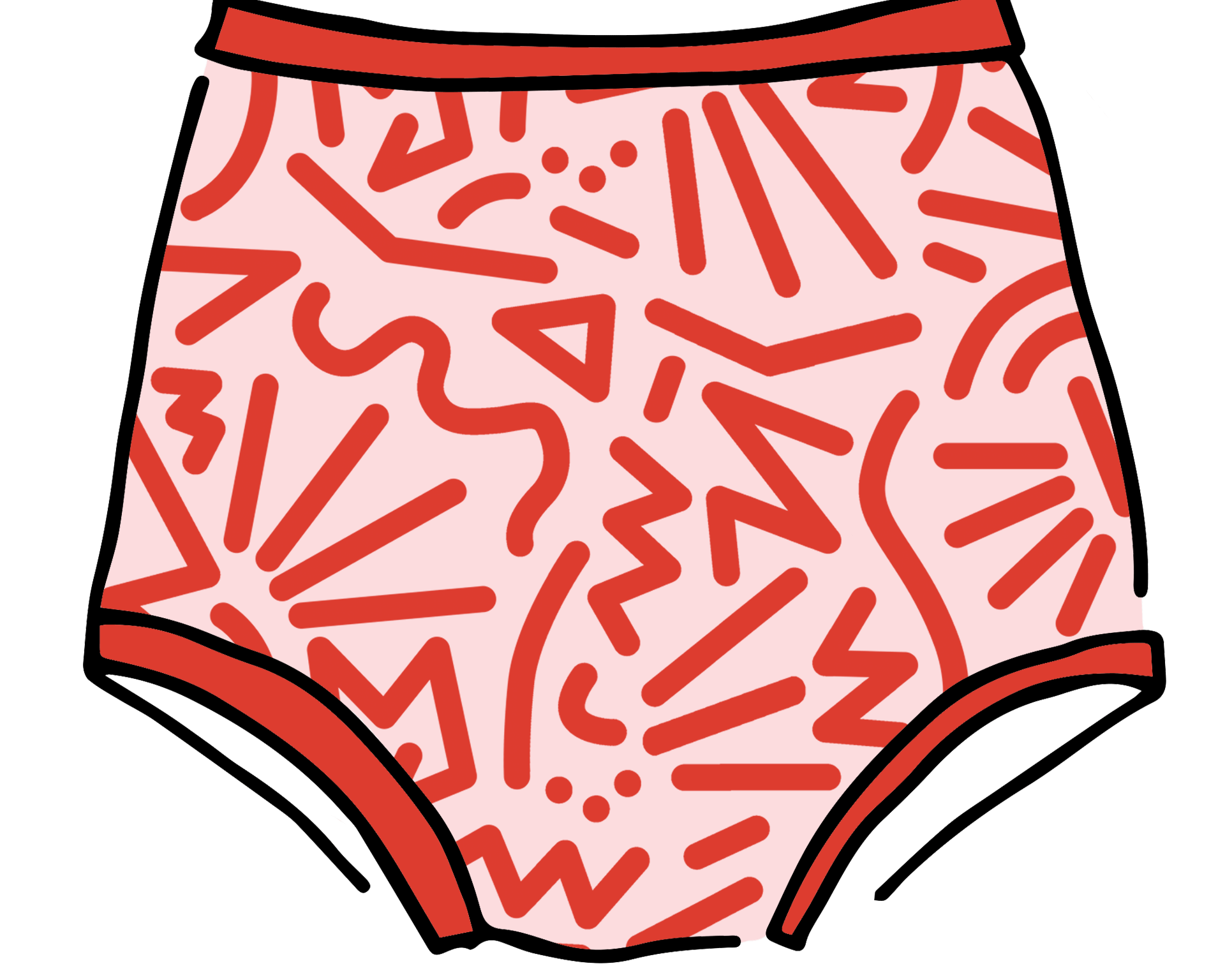 Drawing of Thunderpants Sky Rise style Swim Bottoms in Energy Vibe print: light pink with dark pink designs.