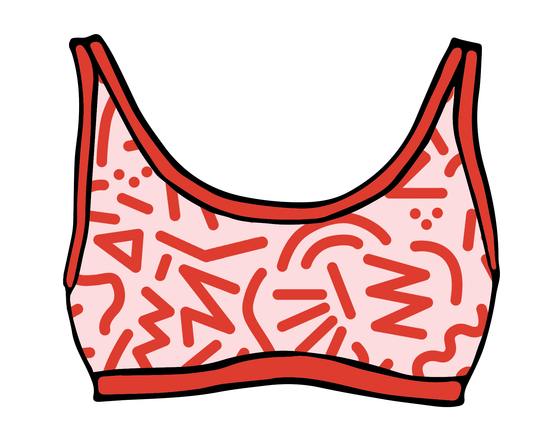 Drawing of Thunderpants Swim Top in Energy Vibes print: light pink with dark pink designs.