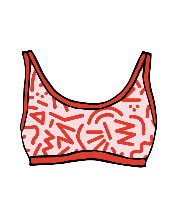 Drawing of Thunderpants Swim Top in Energy Vibes print: light pink with dark pink designs.