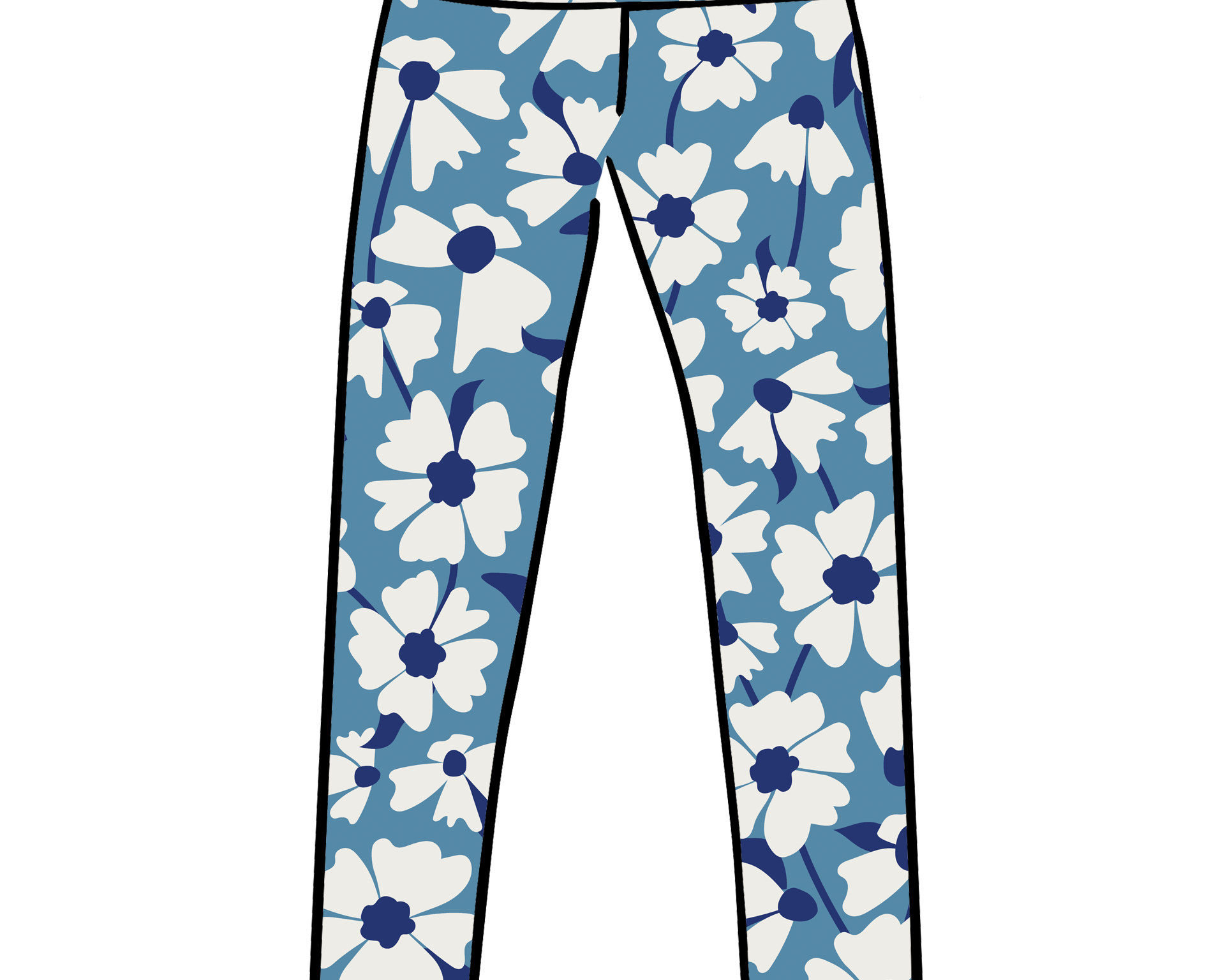Drawing of Thunderpants Extra Long Leggings in Moody Blooms - white and blue flowers with blue background.