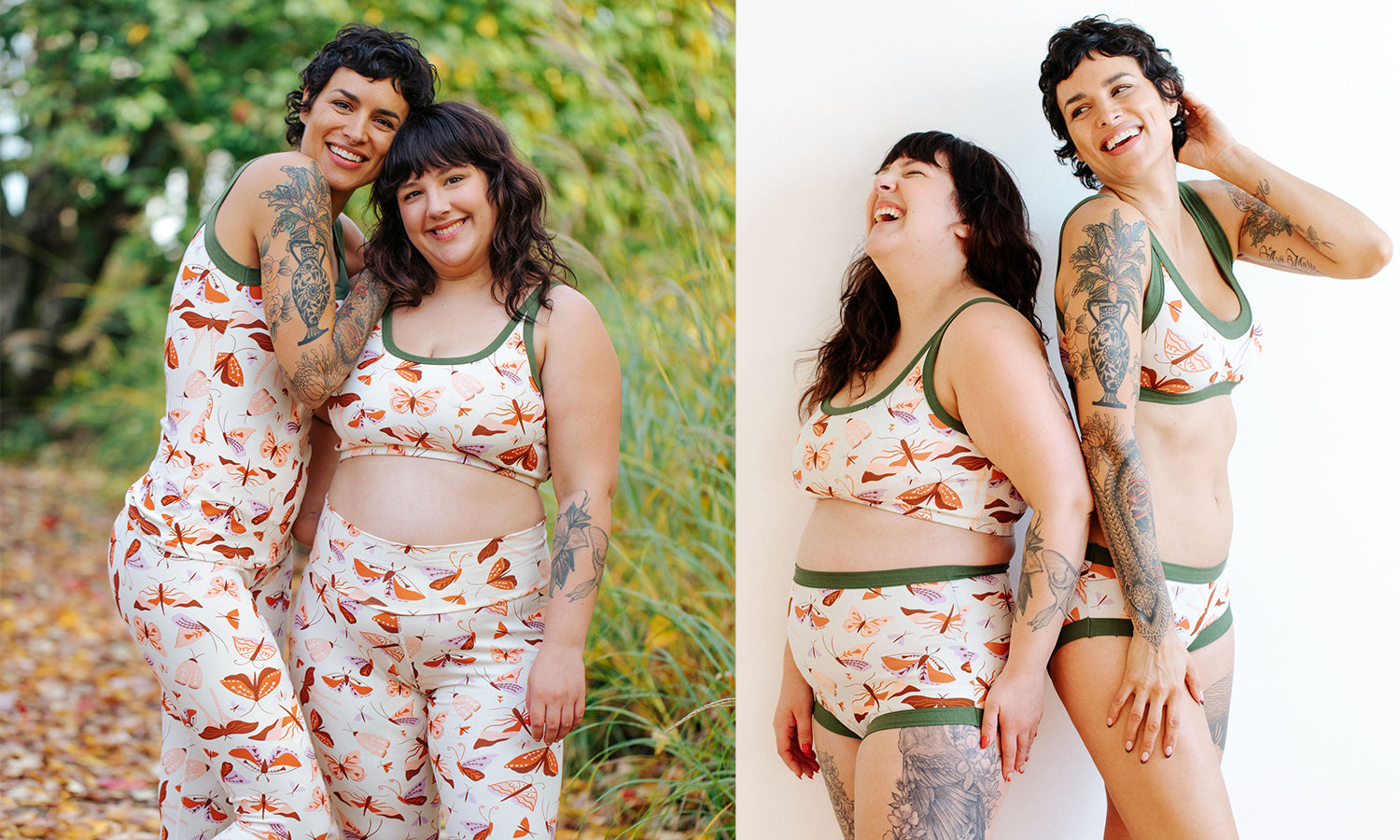 Two models wearing various Thunderpants items in Field Study: a moth print with red, pink, purple and green binding.