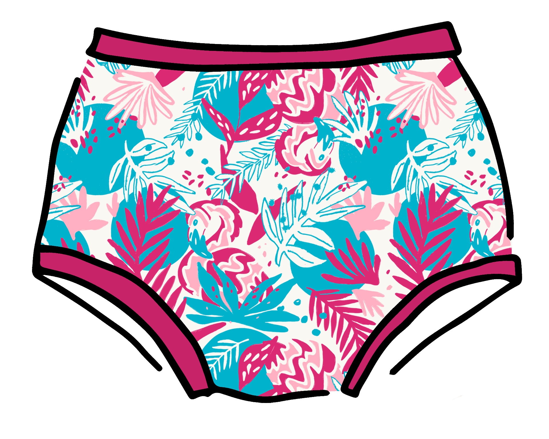 Drawing of Thunderpants Original style underwear in Finding Flamingo print.