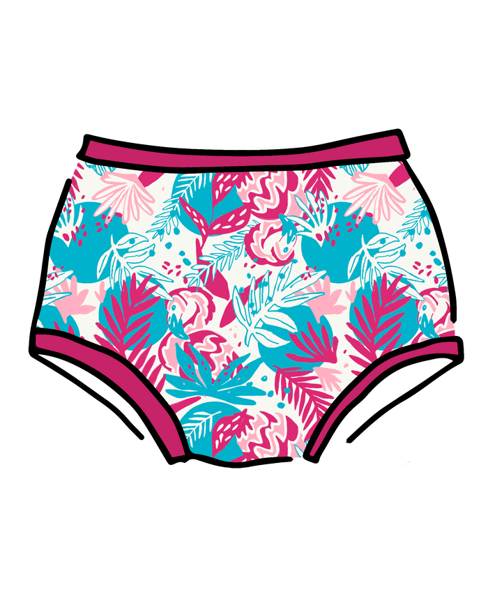 Drawing of Thunderpants Original style underwear in Finding Flamingo print.