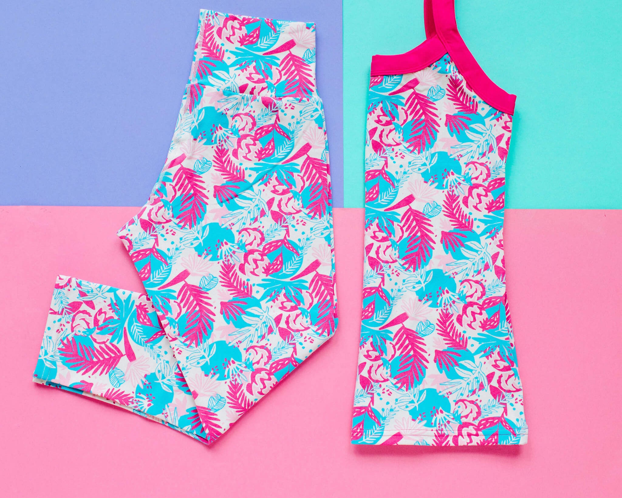 Flat lay of Thunderpants Camisole and Leggings in Finding Flamingo print.