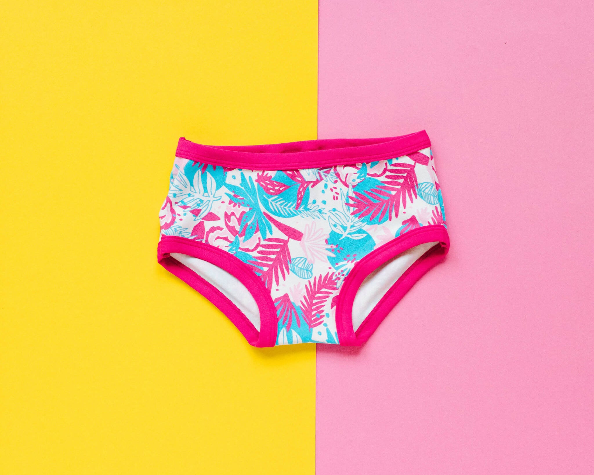 Flat lay of Thunderpants Kids Original style underwear in Finding Flamingo.