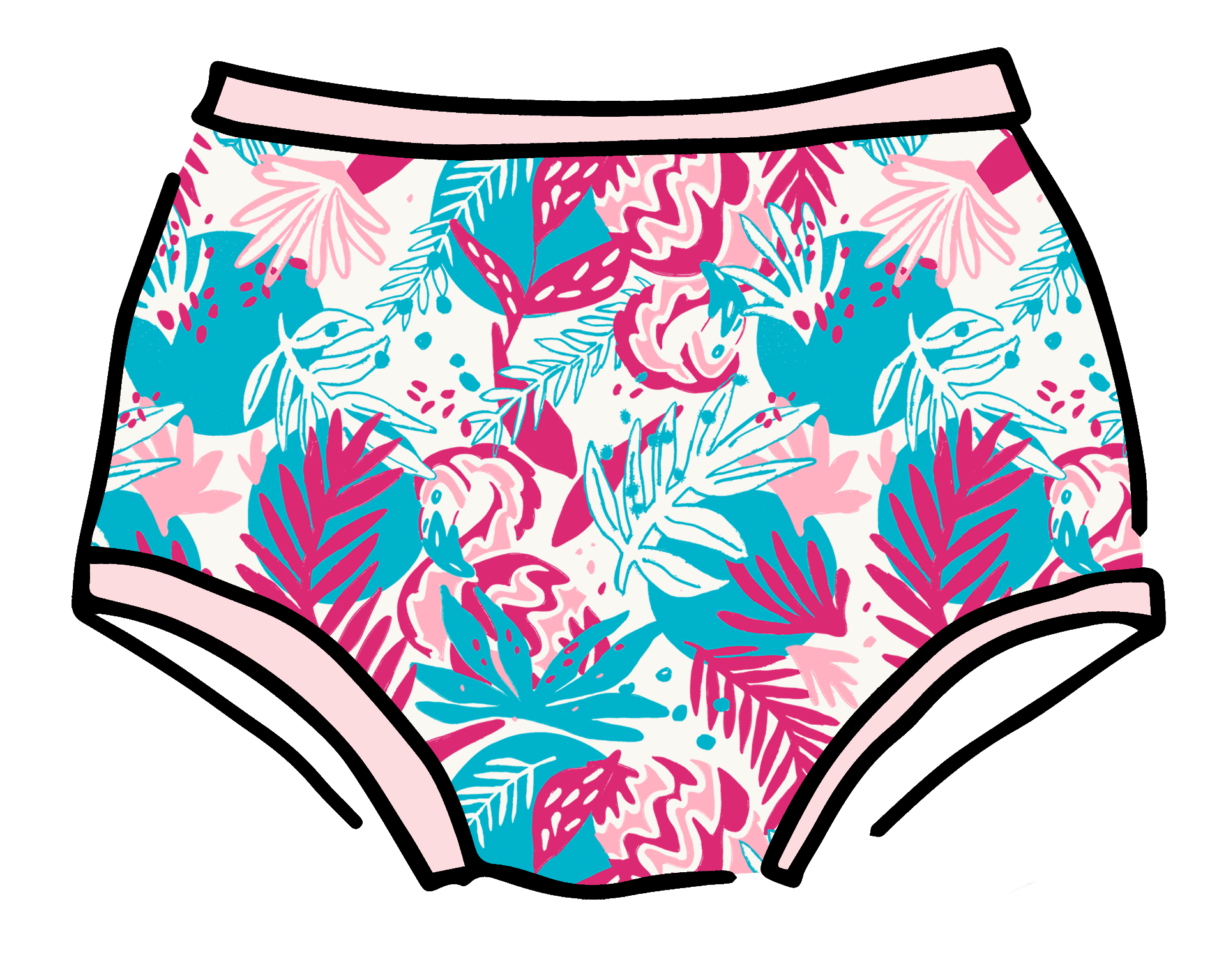 Drawing of Thunderpants Original style underwear in Flamingo Fumble - Finding Flamingo print with pink binding.