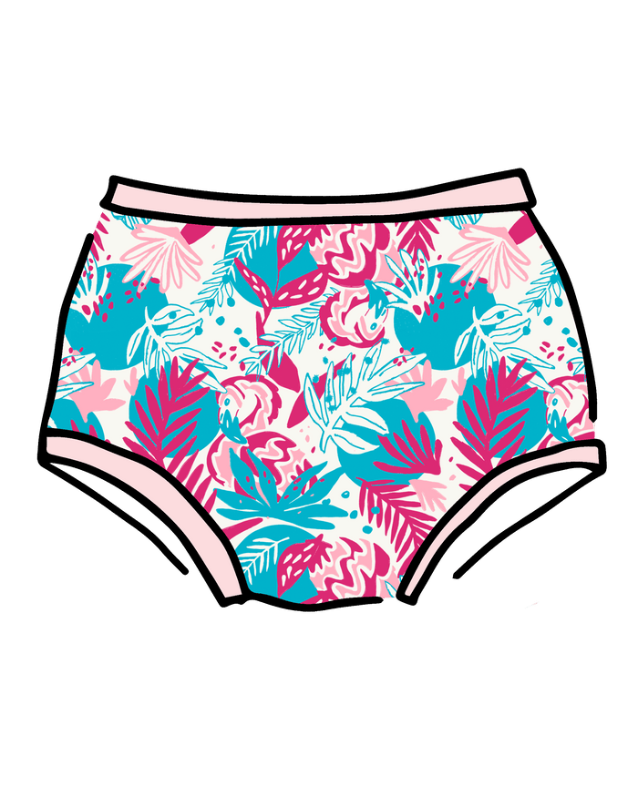 Drawing of Thunderpants Original style underwear in Flamingo Fumble - Finding Flamingo print with pink binding.