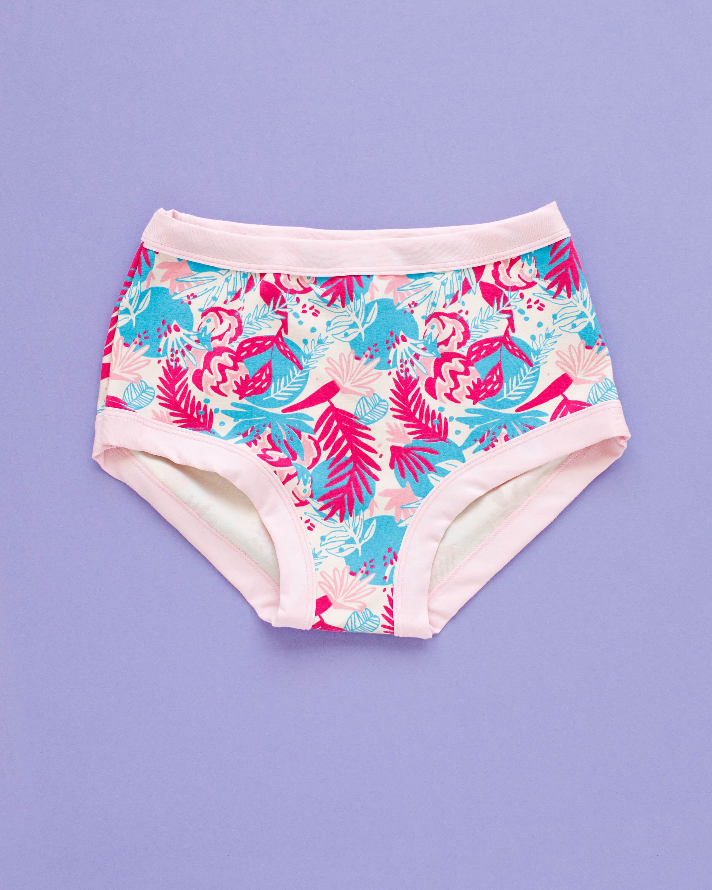 Flat lay of Thunderpants Original style underwear in Flamingo Fumble - Finding Flamingo with light pink binding.