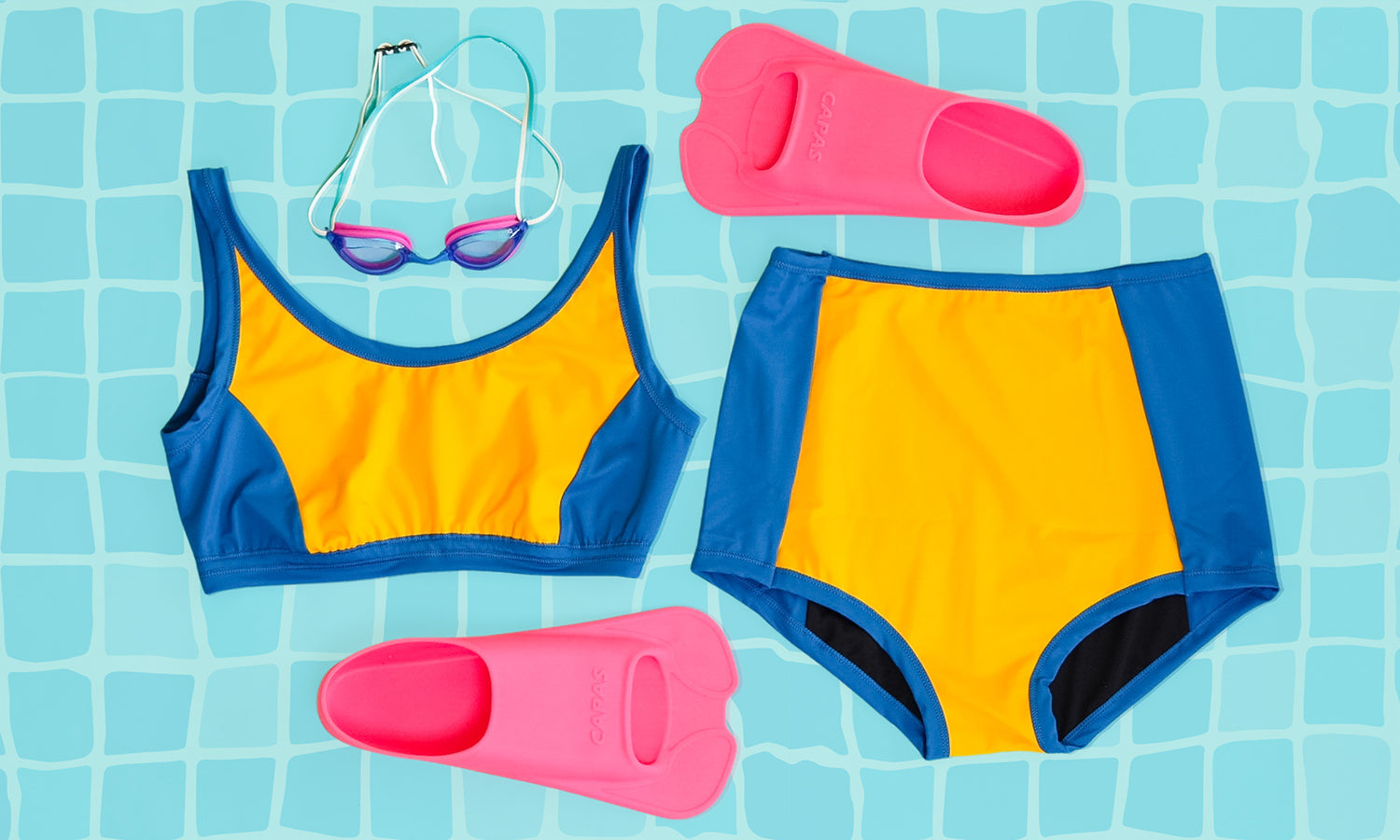 Flat lay of Thunderpants US Swimwear set in High Dive - yellow and blue panels.