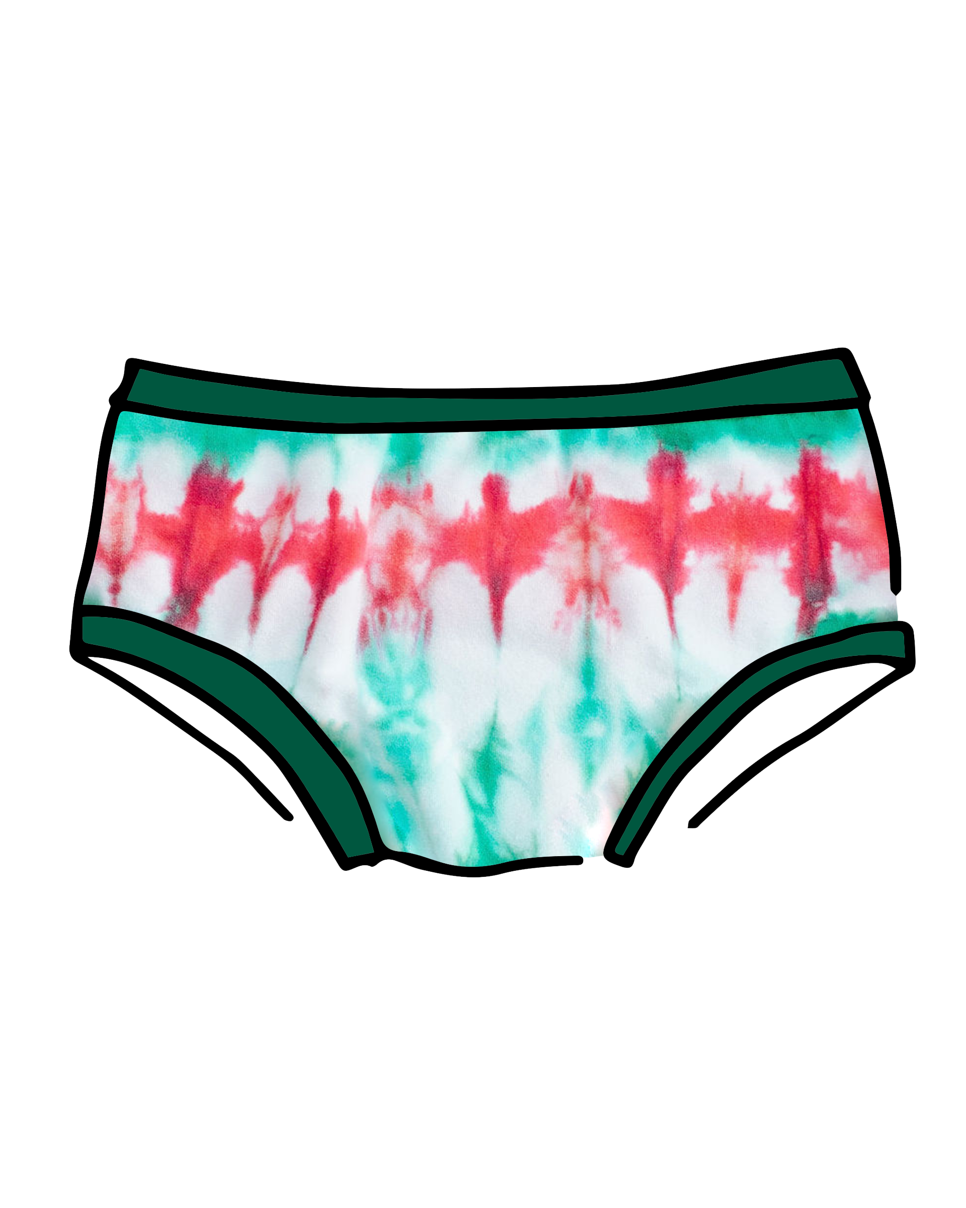 Drawing of Thunderpants Hipster style underwear in Holiday Dye - red and green tie dye with green binding. 