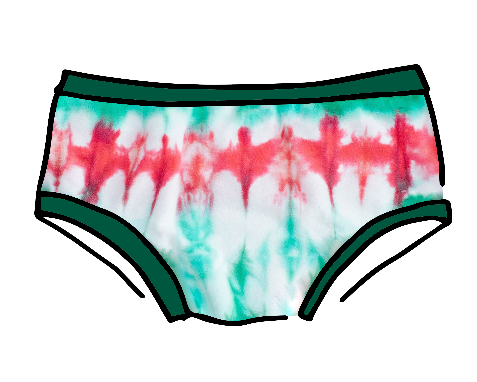 Drawing of Thunderpants Hipster style underwear in Holiday Dye - red and green tie dye with green binding. 