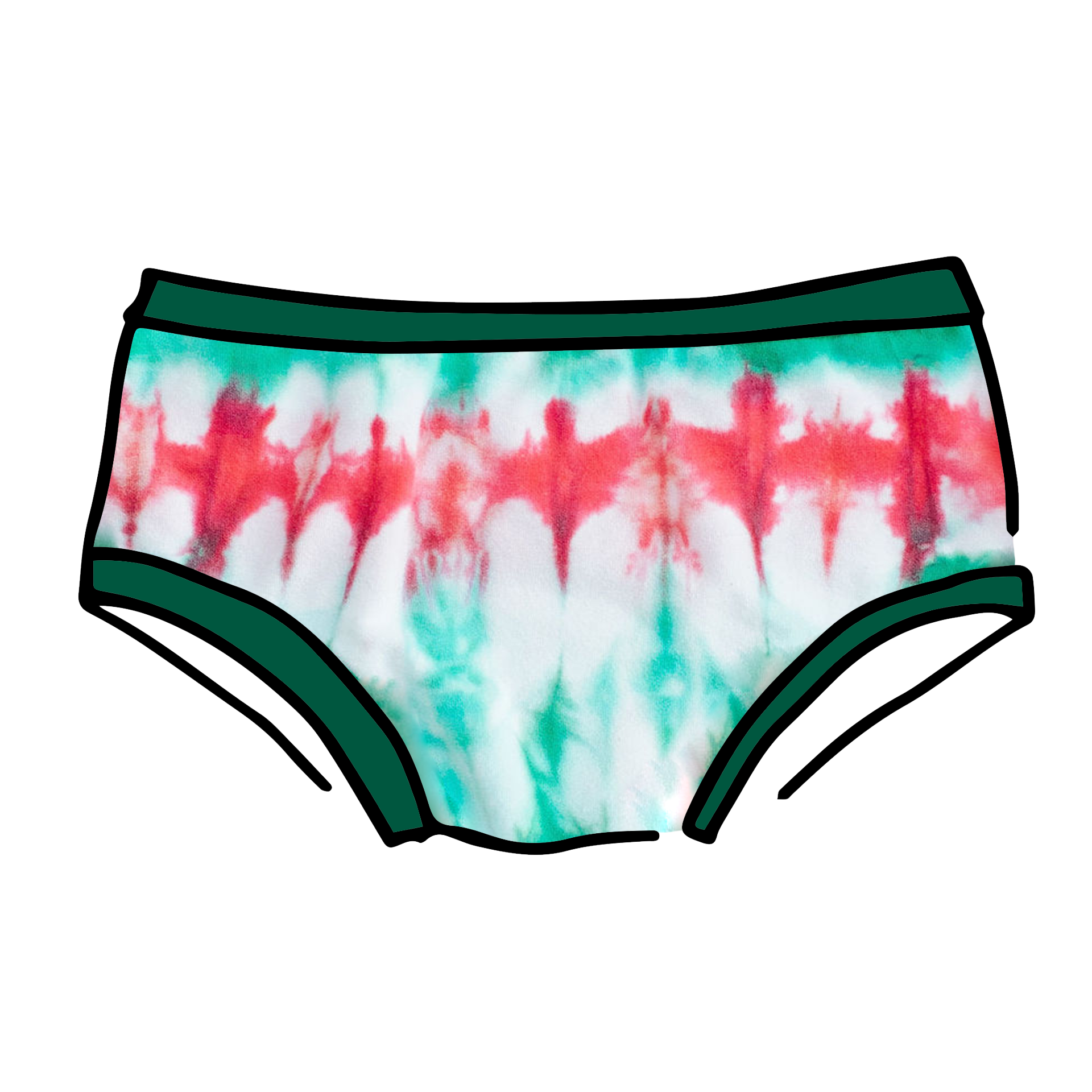 Drawing of Thunderpants Hipster style underwear in Holiday Dye - red and green tie dye with green binding. 