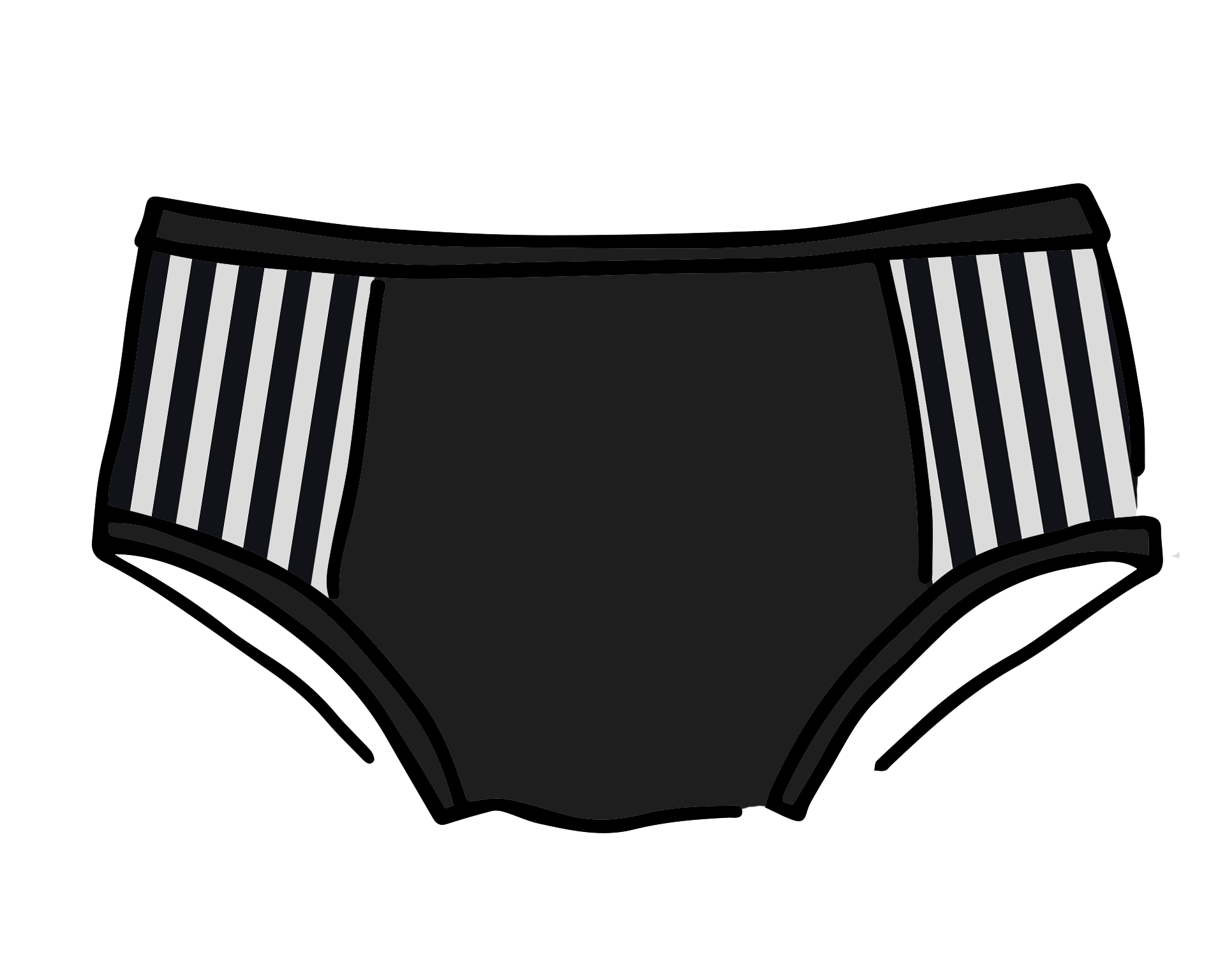 Drawing of Thunderpants Hipster style Panel Pants in Black and White Stripe sides and Black front. 