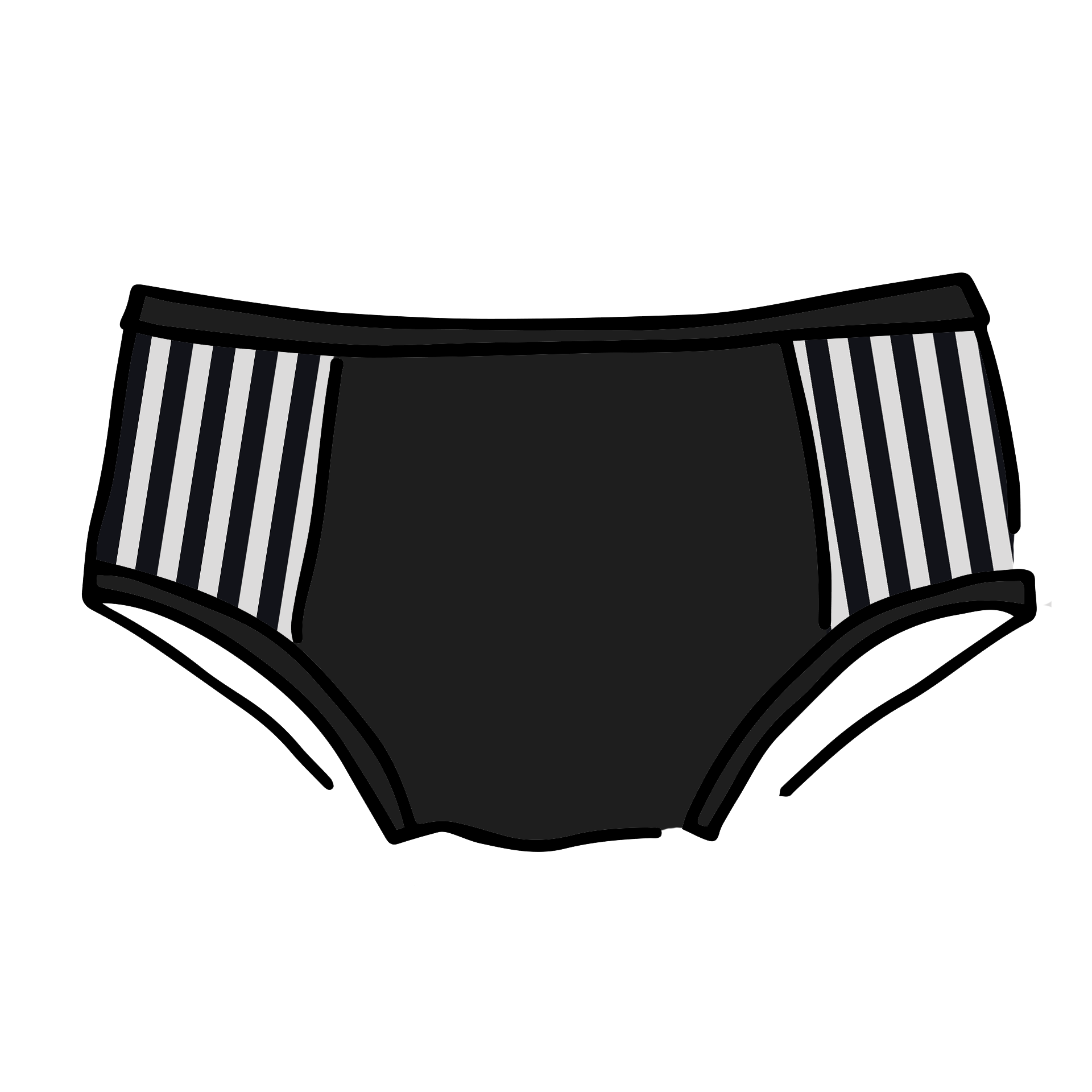 Drawing of Thunderpants Hipster style Panel Pants in Black and White Stripe sides and Black front. 