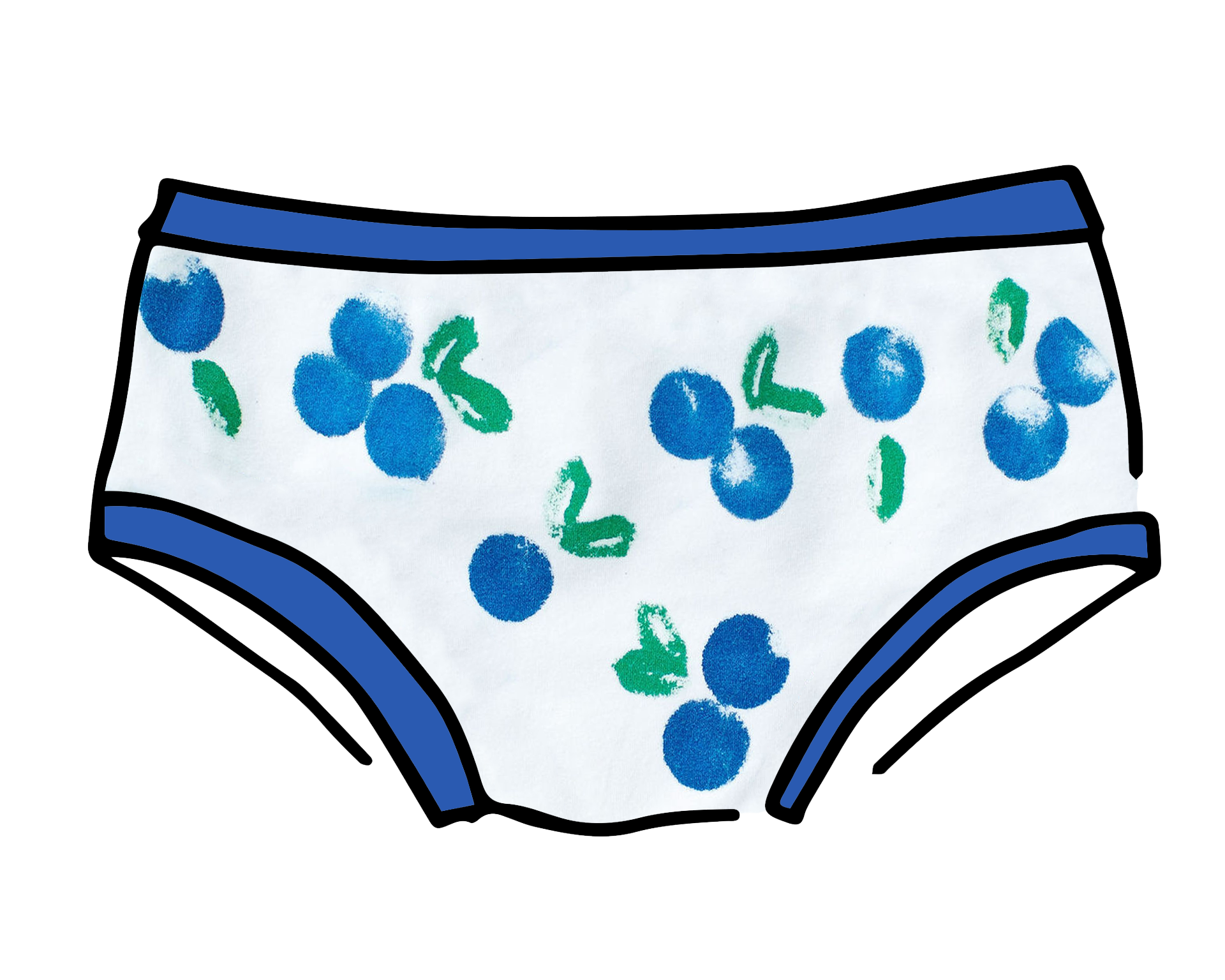 Drawing of Thunderpants Hipster style underwear with a blue and green Blueberry print and blue binding. 