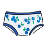 Drawing of Thunderpants Hipster style underwear with a blue and green Blueberry print and blue binding. 