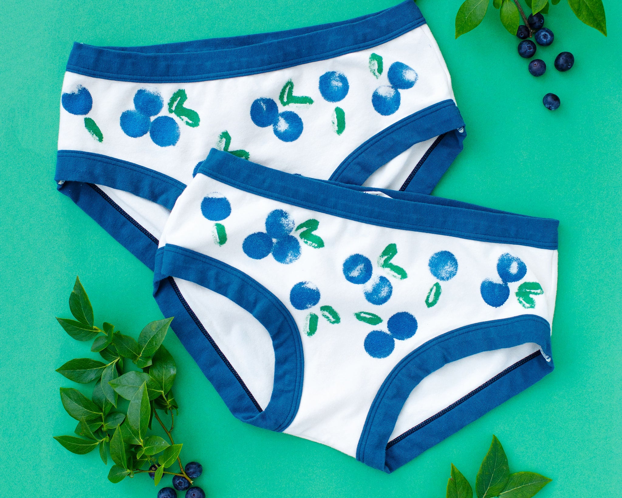 Flat lay of Thunderpants Hipster style underwear with a blue and green Blueberry print and blue binding. 