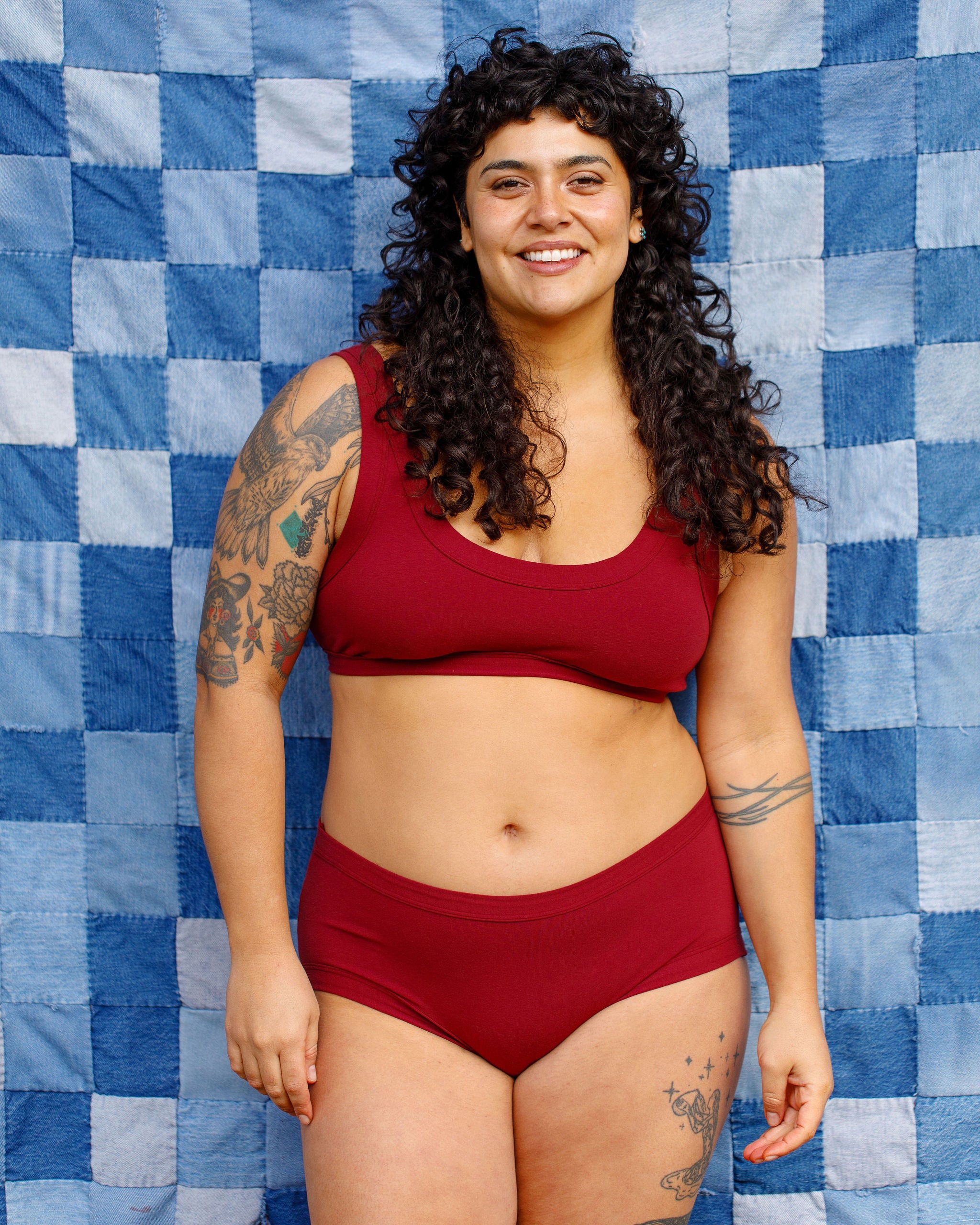 Modeling wearing Thunderpants Hipster style underwear and Bralette in Cabern-YAY - a deep wine red color.