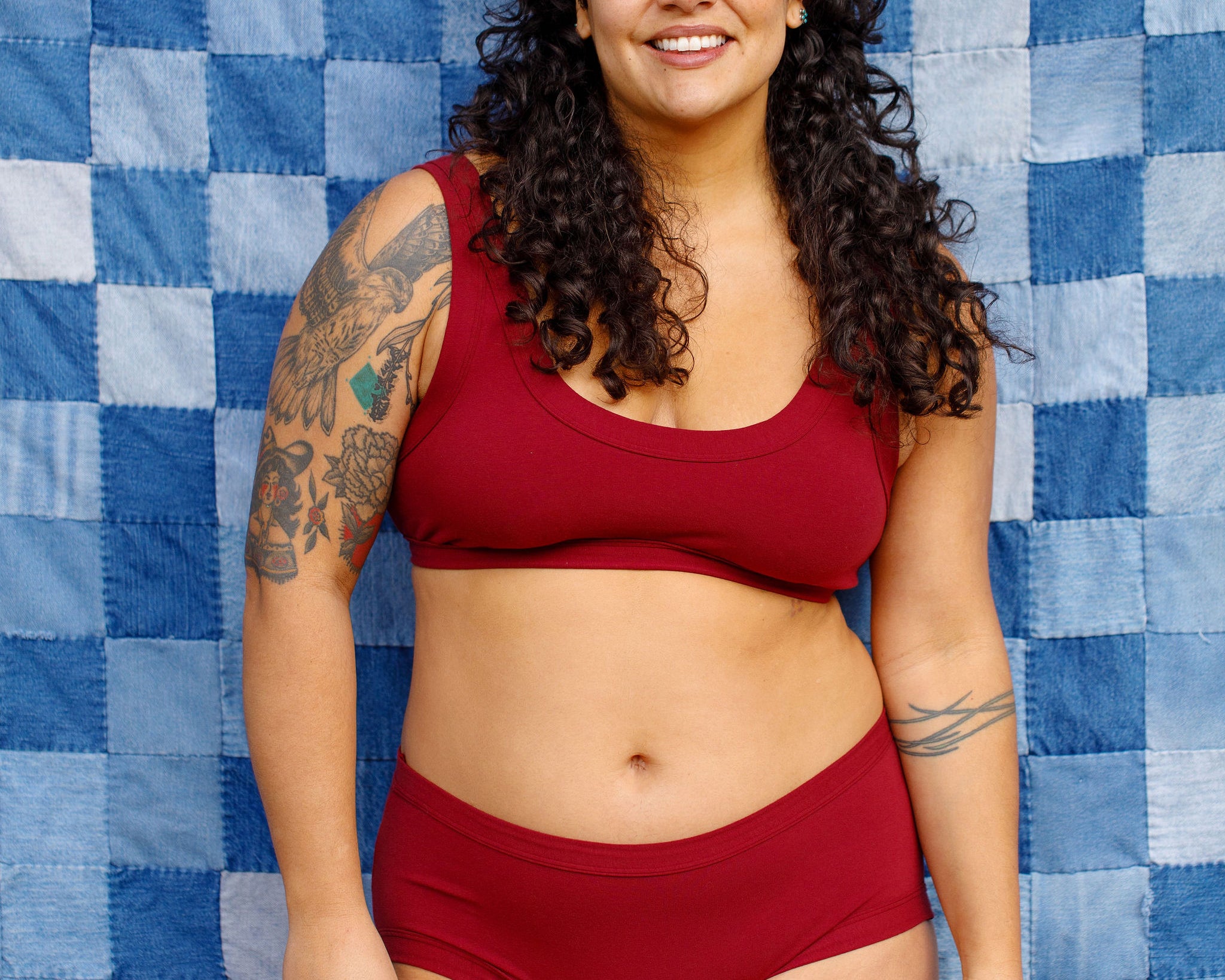 Modeling wearing Thunderpants Hipster style underwear and Bralette in Cabern-YAY - a deep wine red color.
