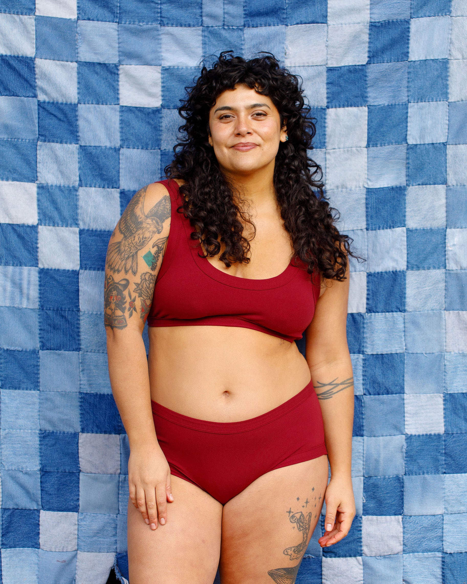 Modeling wearing Thunderpants Hipster style underwear and Bralette in Cabern-YAY - a deep wine red color.