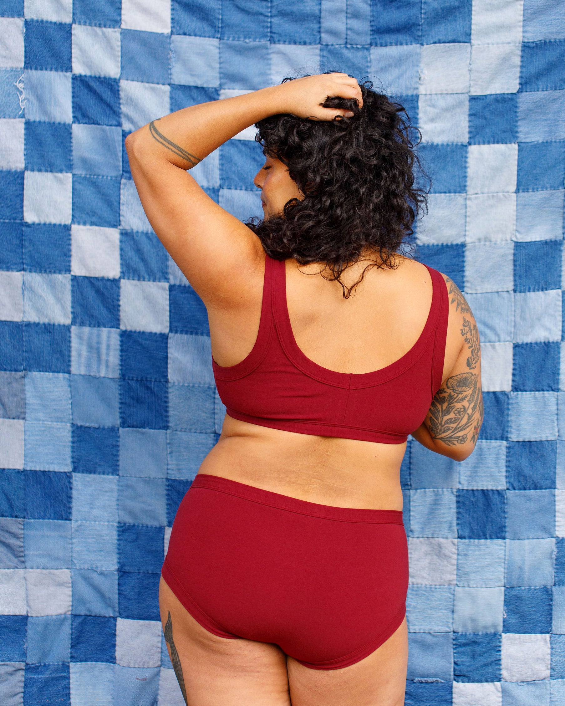 Modeling wearing Thunderpants Hipster style underwear and Bralette in Cabern-YAY - a deep wine red color.