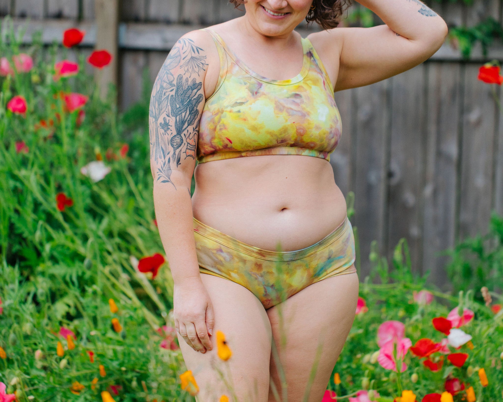Model wearing Thunderpants Hipster style underwear and Longline Bra in Citrus Blossom Dye - hand dyed yellow, pink, and purple.