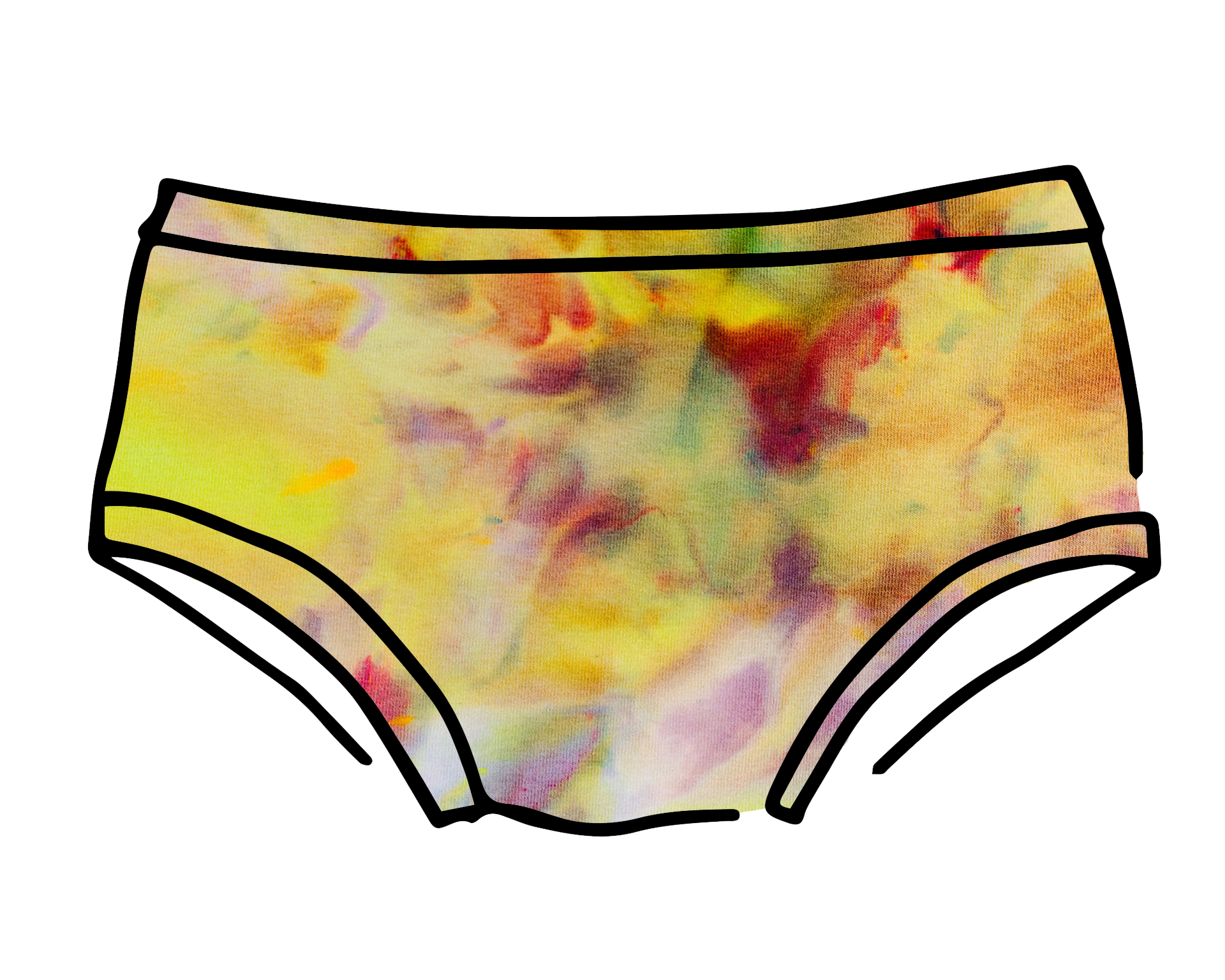 Drawing of Thunderpants Hipster style underwear in Citrus Blossom Dye - hand dyed yellow, pink, and purple.