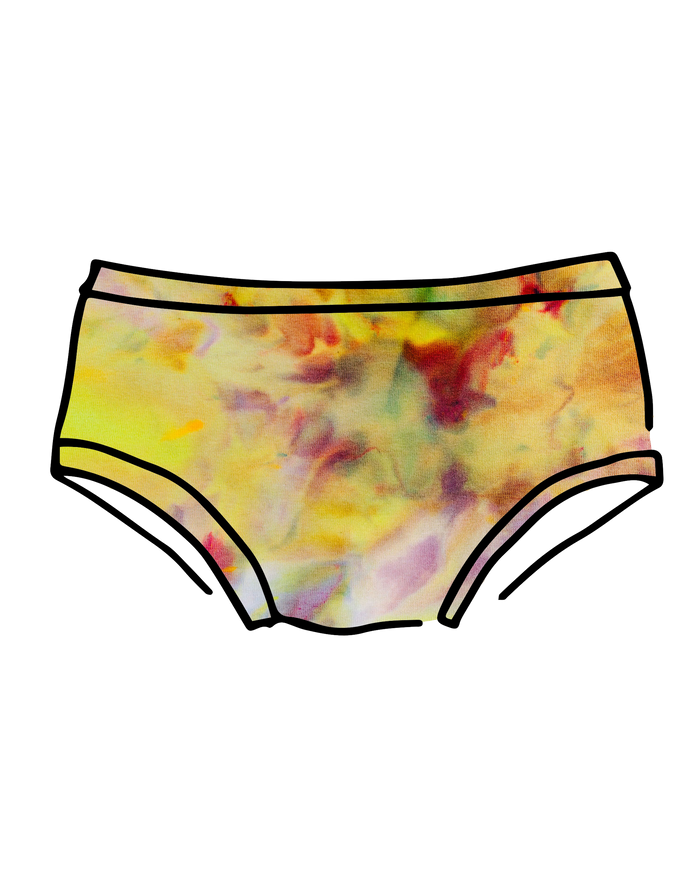 Drawing of Thunderpants Hipster style underwear in Citrus Blossom Dye - hand dyed yellow, pink, and purple.