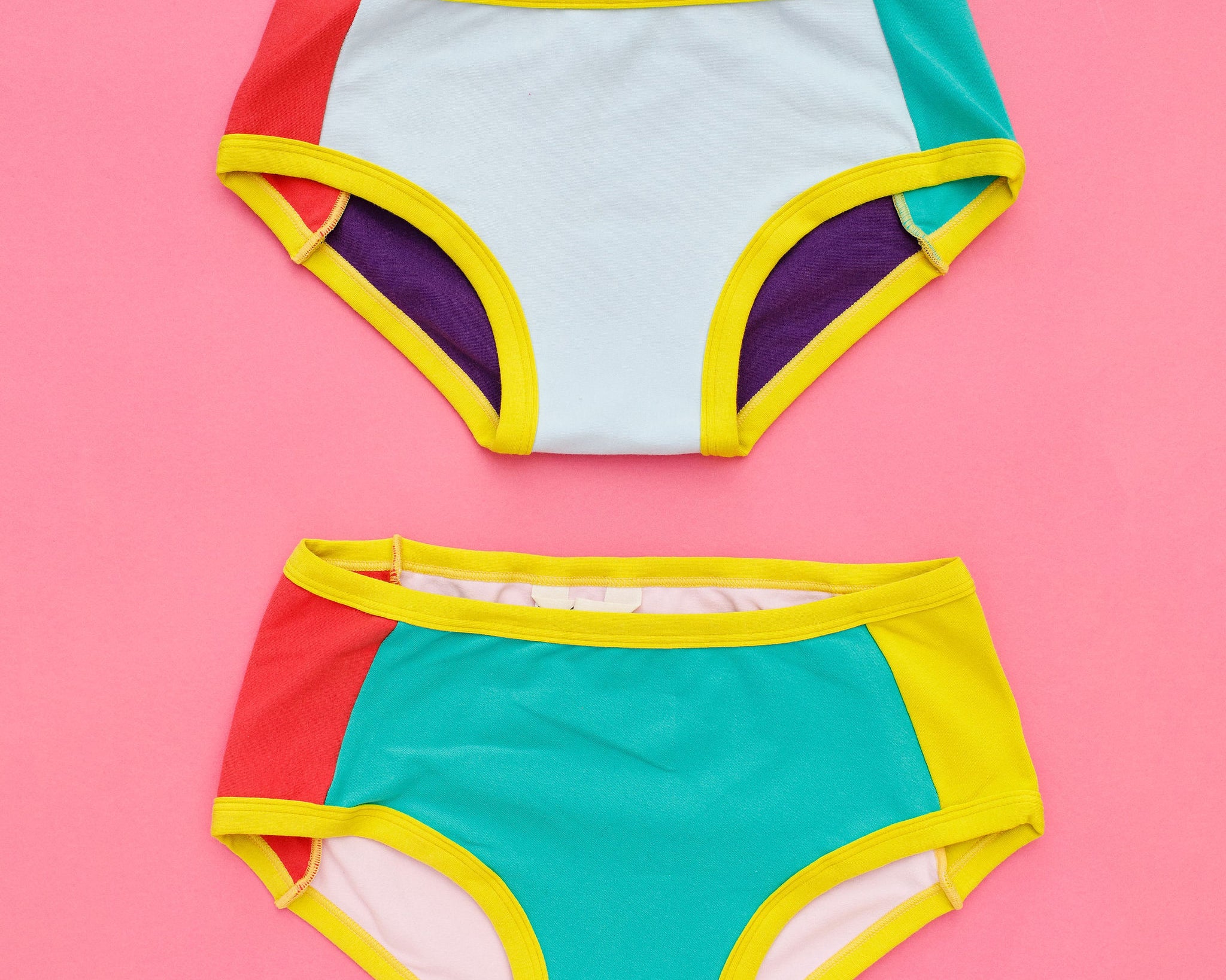 Flat lay of Thunderpants Hipster style underwear in Color Block Panel Pants - random solid colors.