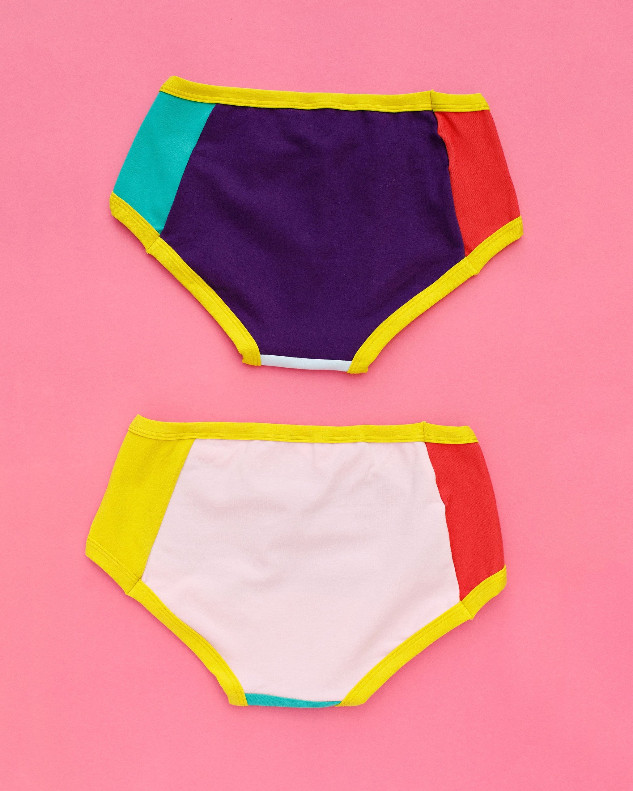 Flat lay of Thunderpants Hipster style underwear in Color Block Panel Pants - random solid colors.