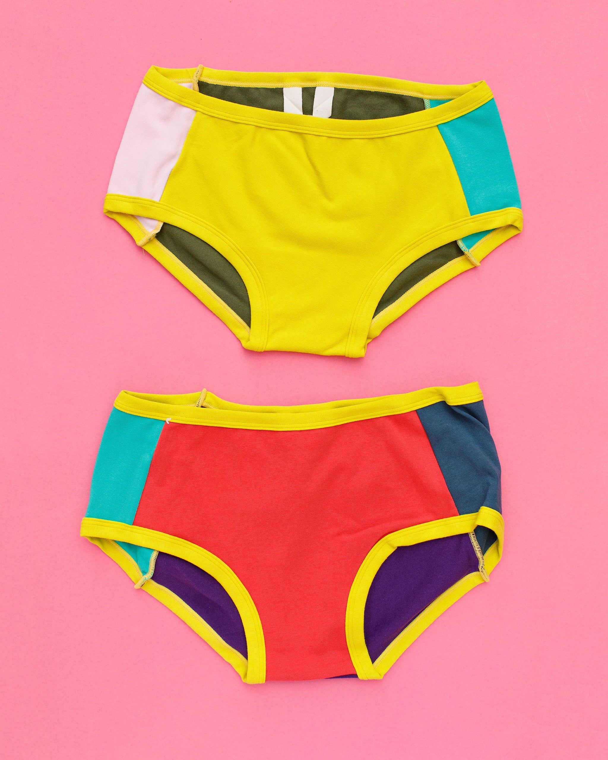Flat lay of Thunderpants Hipster style underwear in Color Block Panel Pants - random solid colors.