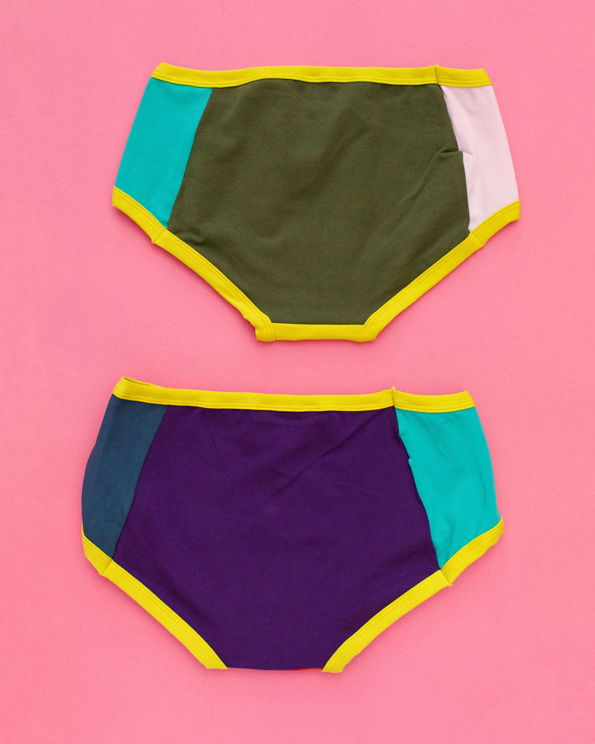 Flat lay of Thunderpants Hipster style underwear in Color Block Panel Pants - random solid colors.