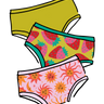 Drawing of Thunderpants Hipster style underwear in Luna y Sol, Strictly Strawberry, and Star Fruit.