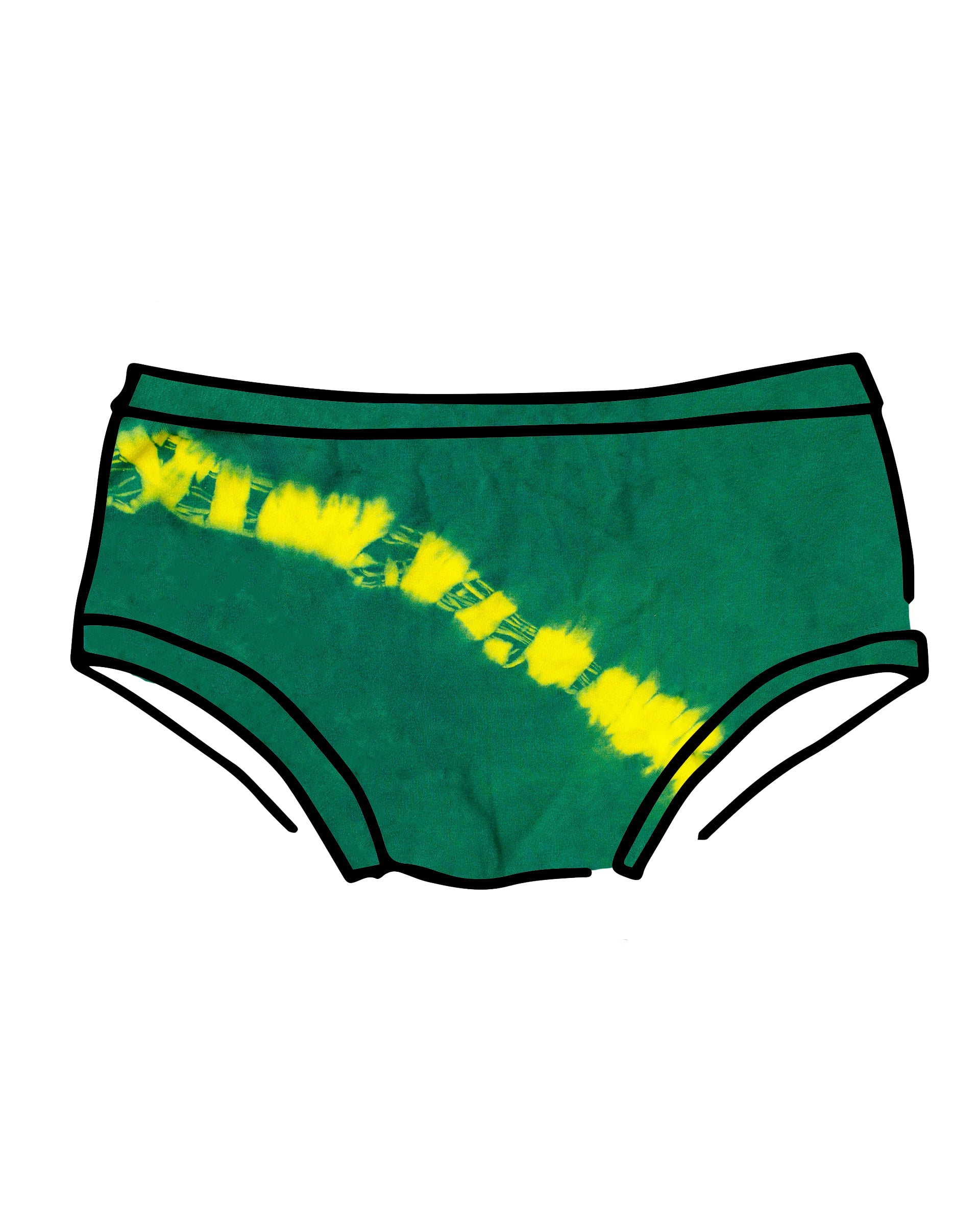 Drawing of Thunderpants Hipster style underwear in Lightning Bolt hand dye - blue/green with yellow stripe.