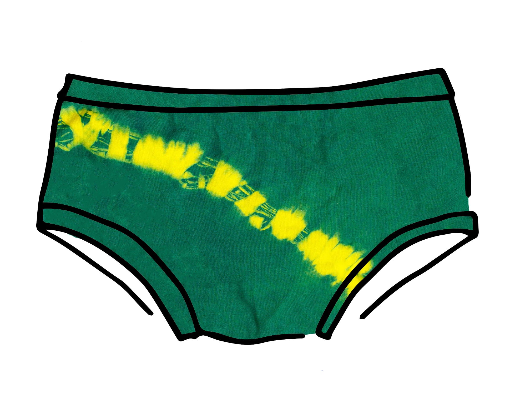 Drawing of Thunderpants Hipster style underwear in Lightning Bolt hand dye - blue/green with yellow stripe.